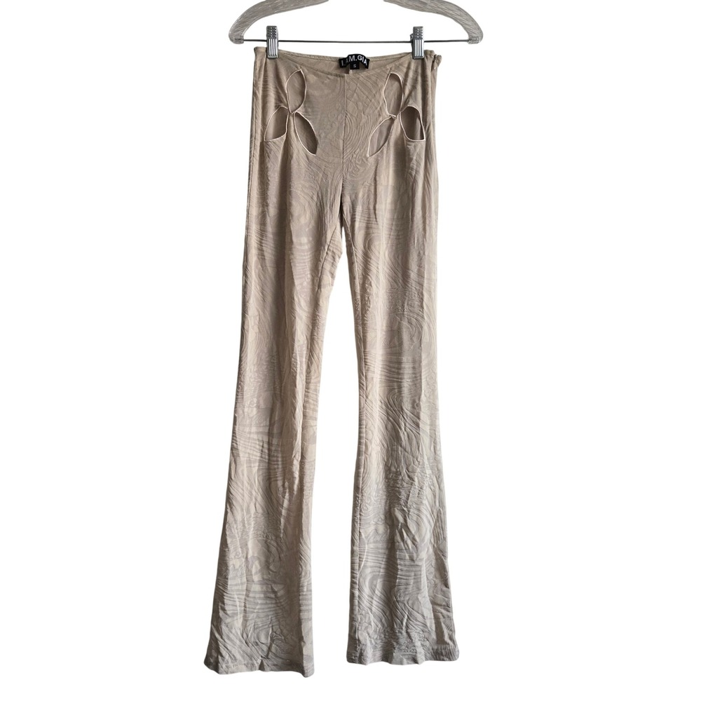 I.AM.GIA Size S Flare Pants Women Beige Excellent Mesh Cut-Out Swirl Burnout‎